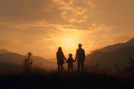 Family silhouette holds hands facing sunset over mountainsの素材