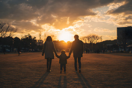 Silhouette family walks together at sunsetの素材