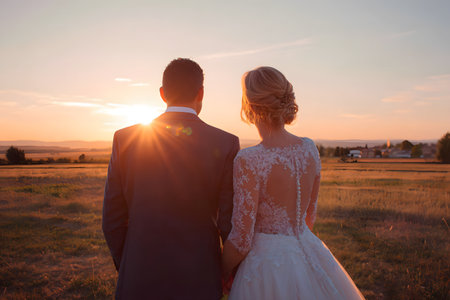 Couple silhouette looking at sunset fieldの素材