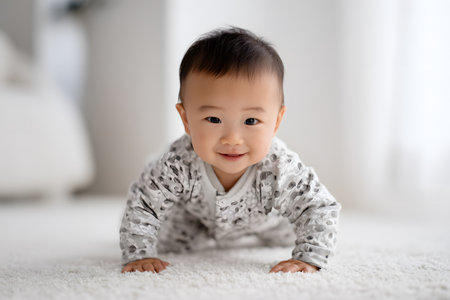 A happy baby is crawling on a soft carpet.の素材