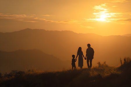 Family silhouette walks holding hands at sunset with mountain background.の素材