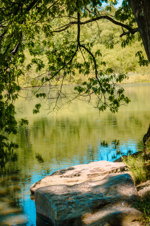 Rock perch by the lake framed by tree branches at Blue Spruce Park in Pennsylvaniaの写真素材