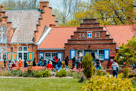 Tourist shops on windmill island in Holland Michigan during tulip timeのeditorial素材