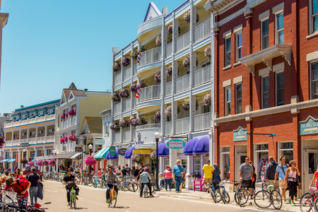Bustling streets of downtown Mackinac Island during tourist seasonのeditorial素材