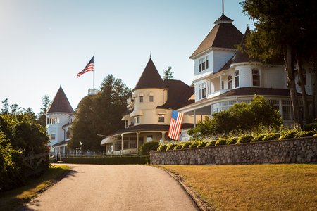 Victorian houses on the West bluffs behind the Grand Hotel on Mackinac Island Michiganのeditorial素材