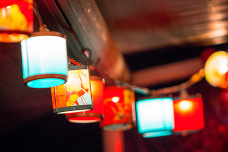 string of colorful lights hung around a tentの写真素材