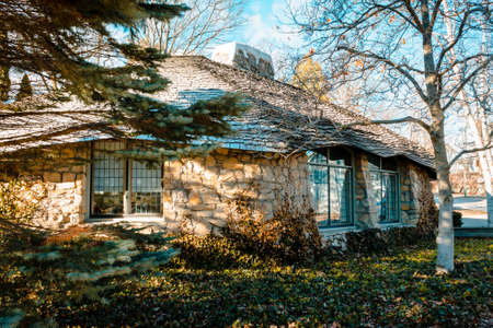 A view behind one of Earl Youngs Mushroomm Houses in Charlevoix Michiganのeditorial素材