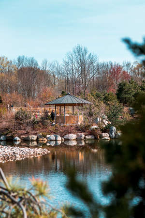 Beautiful view of the gazebo on an island in the middle of the japanese gardenのeditorial素材