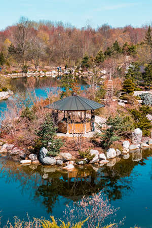 Beautiful landscape shot of the gazebo island in the japanese gardenのeditorial素材