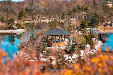 Gazebo on an island in the japanese gardenのeditorial素材