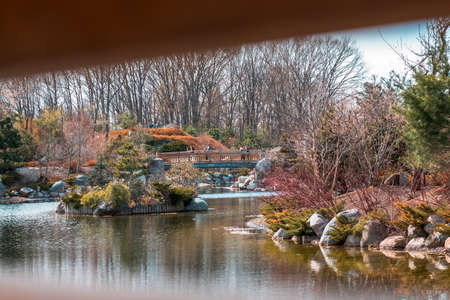Shot of the landmark bridge in the japanese gardenのeditorial素材