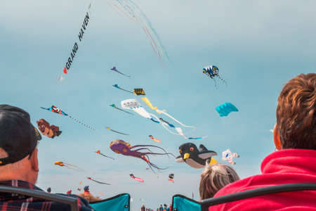 People watching kites fly at a kite festivalのeditorial素材