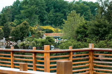 The bridge at the japanese garden in the Frederik Meijer Gardens shot from an observation deck