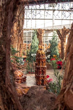 Model train holiday display in a greenhouseの写真素材
