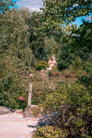 Rock waterfall in the japanese gardenの写真素材