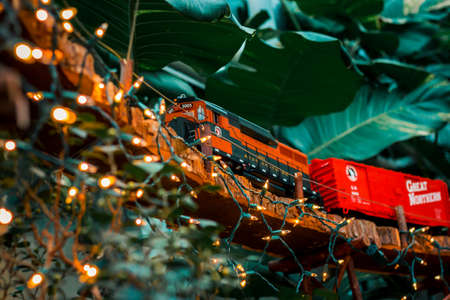Locomotive train on a bridge in a model train display in Grand Rapids Michiganのeditorial素材