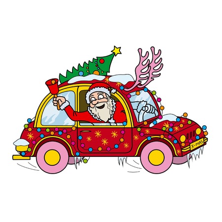 Illustration Santa Claus leaning out of the car window, ringing the bell  He is driving the car decorated in Christmas style のイラスト素材