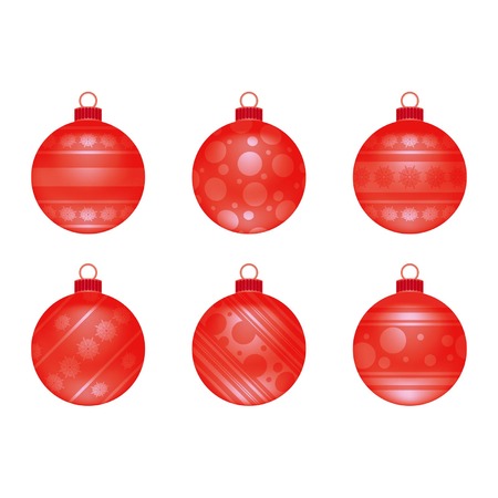 Illustration set of red Christmas balls with snowflakes, lines and circlesのイラスト素材