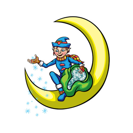 Illustration Christmas Elf sitting on a half moon and scattering snowflakes around  のイラスト素材