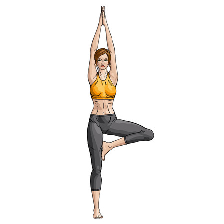 Illustration woman working yoga exercise tree-pose のイラスト素材