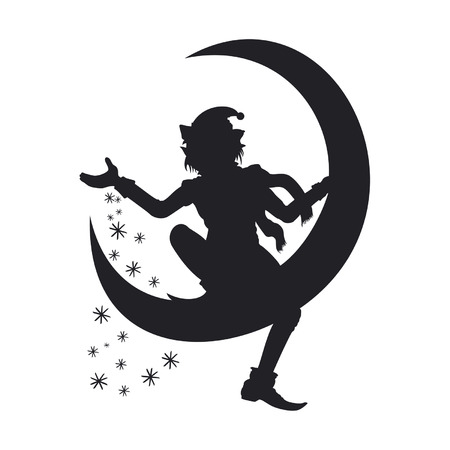 Illustration Christmas Elf silhouette. He is sitting on a half moon and scattering snowflakes around. Available in vector EPS format.のイラスト素材