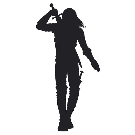 Stylized silhouette of walking warrior in fantasy armor. Man is pulling out the sword on his back Available in vector EPS format.のイラスト素材