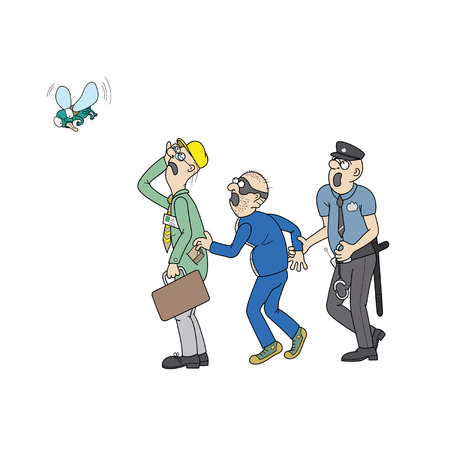 Policeman is catching a jostler. Jostler is robbing office worker, who is suffers ridicule from a big fly. All people are staring at the big fly.のイラスト素材