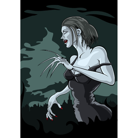 Illustration hungry vampire with fangs with town and storm clouds on the backgroundのイラスト素材