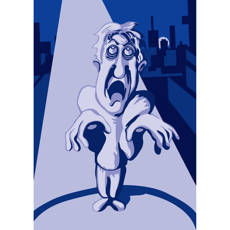 Cartoon groaning zombie walking in the night cityのイラスト素材
