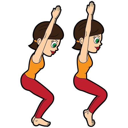 Illustration cartoon girl doing utkatasana and its variationのイラスト素材