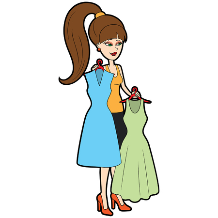 Illustration a girl deciding between two dressesのイラスト素材