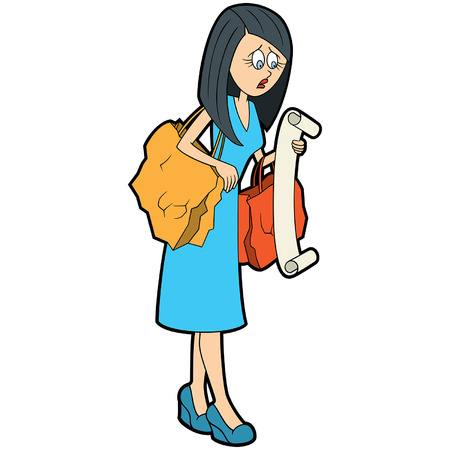 Illustration a concerned woman with bags looking at a shopping listのイラスト素材