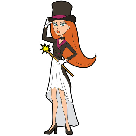 Illustration cartoon funny girl illusionist with a magic wand dressed in a top hat and stage costumeのイラスト素材