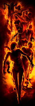 Illustration a crowd of zombies in fire
