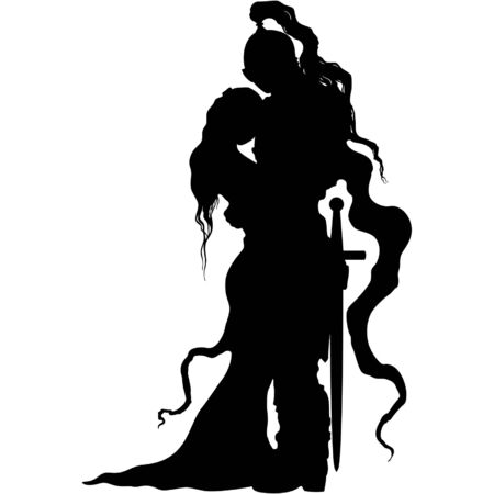 Romantic medieval embracing couple. Woman and chevalier in armor, with a swordのイラスト素材