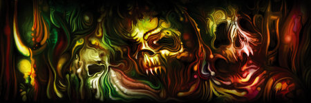 Illustration nightmare background with monster skulls and sinister forms. Digital painting
