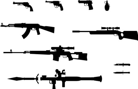 Silhouettes of pistol, revolver, grenade, automatic weapons, rifles and knifes.