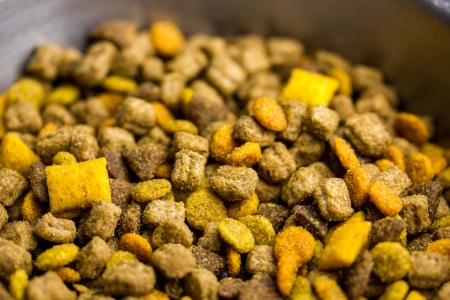 A macro close up of a bowl of dry pet foodの写真素材