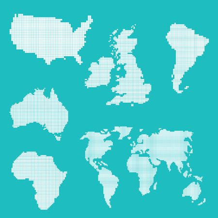 A vector set of pixel art icons with a world map, United States and United Kingdom shapesのイラスト素材