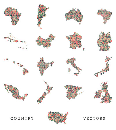 A vector set of various country shapes in a pixel art styleのイラスト素材