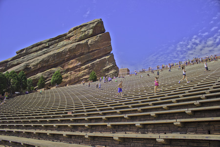 People jogging on the bleachers at the Red Rocks amphitheater.のeditorial素材