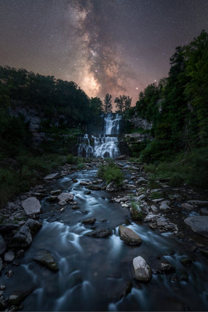 Milky Way Galaxy over Chittenango Falls in Upstate New Yorkの写真素材