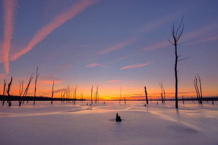 Dawn colors over a frozen lakeの写真素材