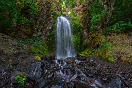 Wide angle view of Lancaster Waterfall along the Columbia River Gorge in Oregonの写真素材