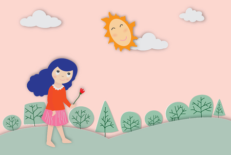 concept of environment with a cute girl holding flower and the sunrise,forest ,paper art style.のイラスト素材