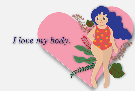 Concept of to be plump,but we are confident and I love my body text,vector illustration paper art style.のイラスト素材