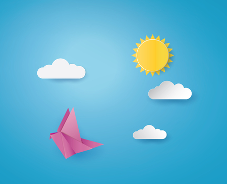 Pink bird origami flying in the sky with clouds and sun,paper art style.のイラスト素材