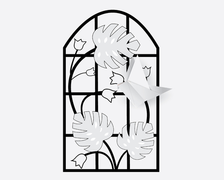 Arched window with tulip and white bird origami,vector illustration.のイラスト素材
