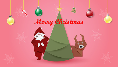 Merry Christmas with Santa,deer,Christmas ball and fir-tree origami,vector illustration.のイラスト素材