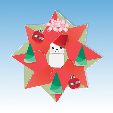 Christmas wreath origami with snowman, fir-tree,Christmas balls and sakura blossom ,vector illustration.のイラスト素材